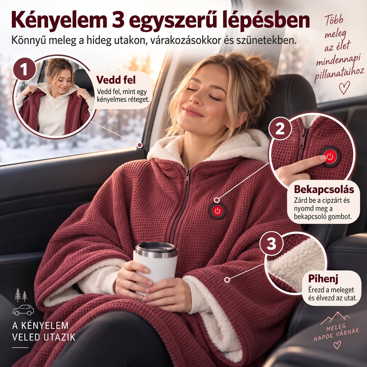 Termékfotós útmutató: a viselhető takaró felvétele, bekapcsológombja és pihenés közben
