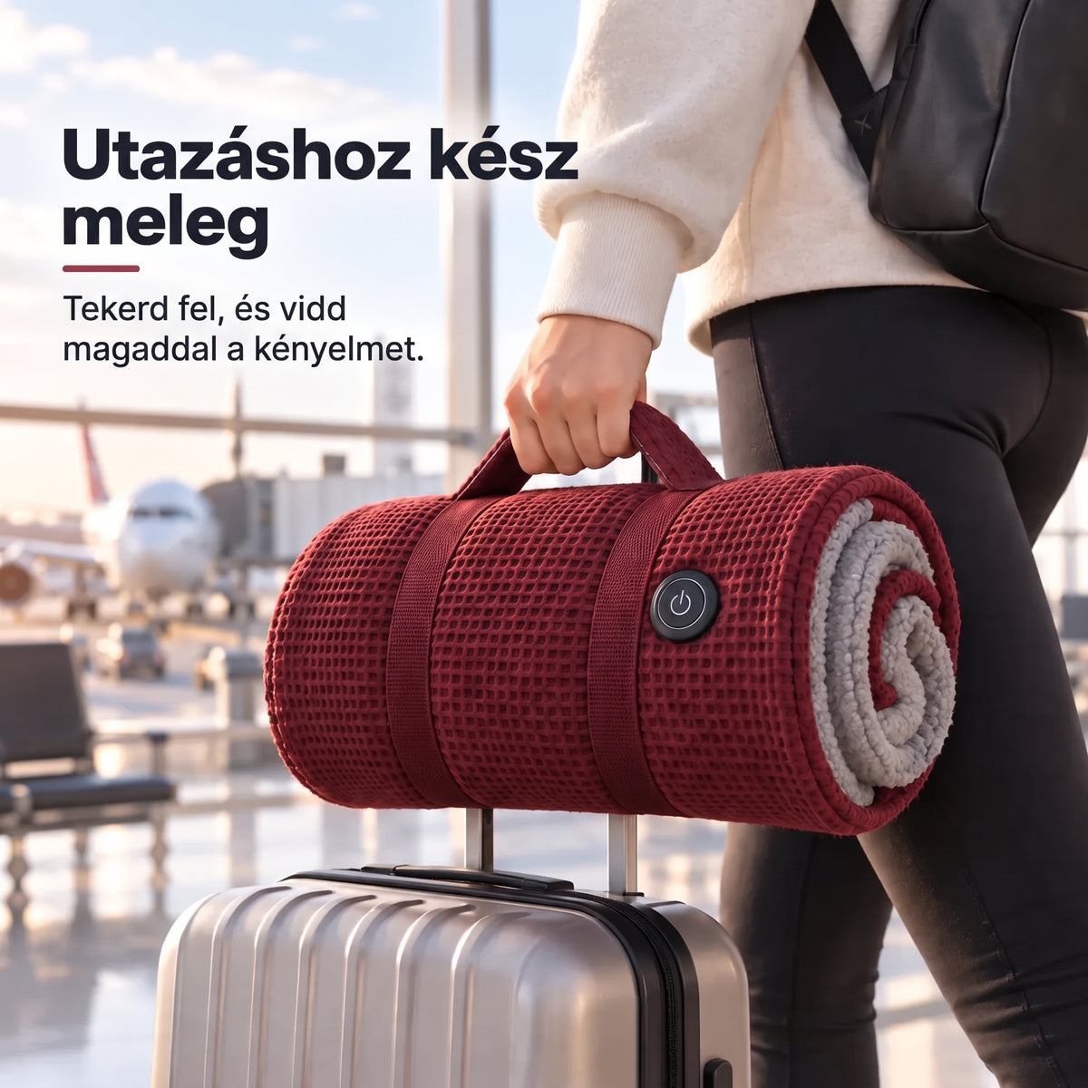 Bordó színű viselhető melegítő takaró feltekerve, fogantyúval, bőrönd mellett