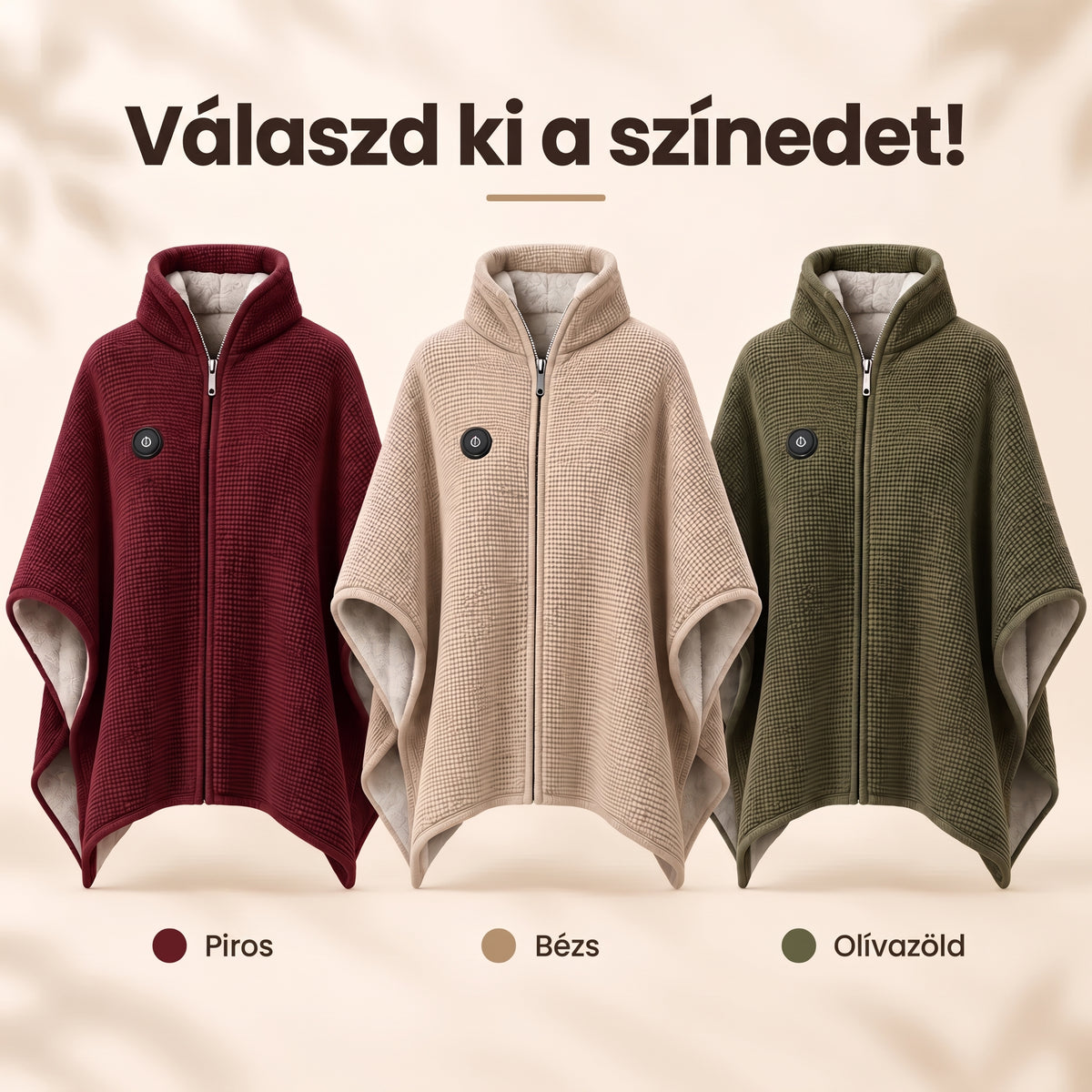 A viselhetĆ melegĂtĆ takarĂł hĂĄrom fotĂłzott szĂne: bordĂł, bĂ©zs Ă©s olĂvazöld