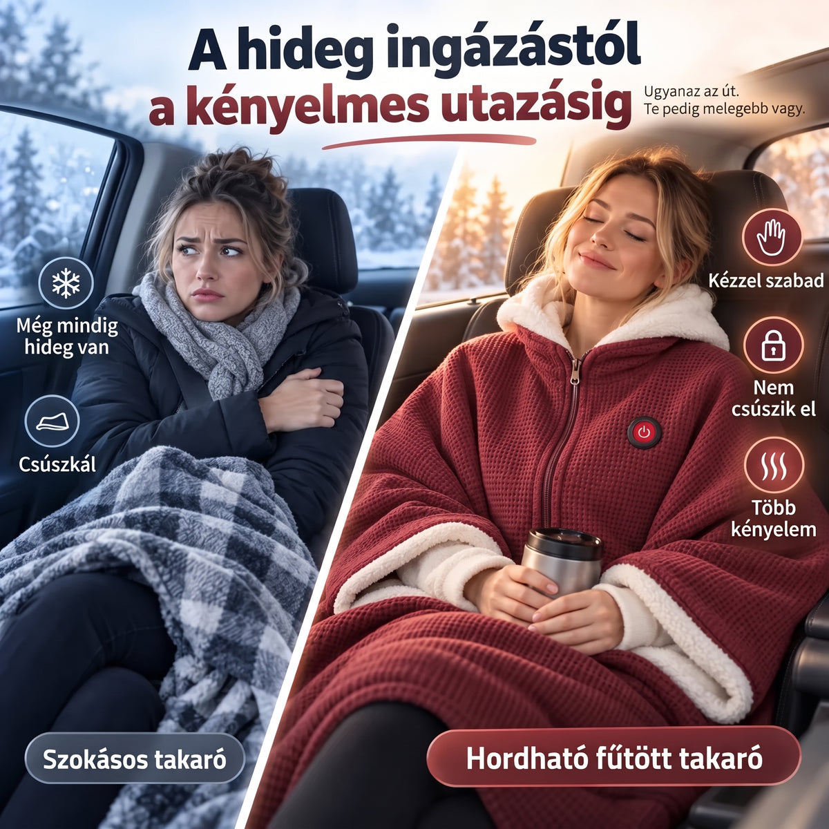 ĂsszehasonlĂtĂł kĂ©p a hagyomĂĄnyos plĂ©drĆl Ă©s a bordĂł viselhetĆ melegĂtĆ takarĂłrĂłl