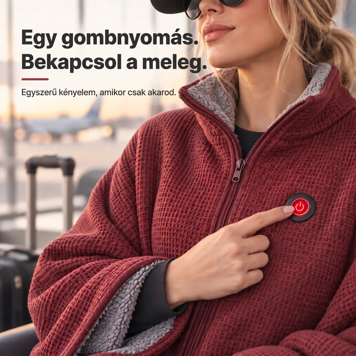 Közeli fotó a bordó színű takaró cipzárjáról és elöl látható vezérlőgombjáról