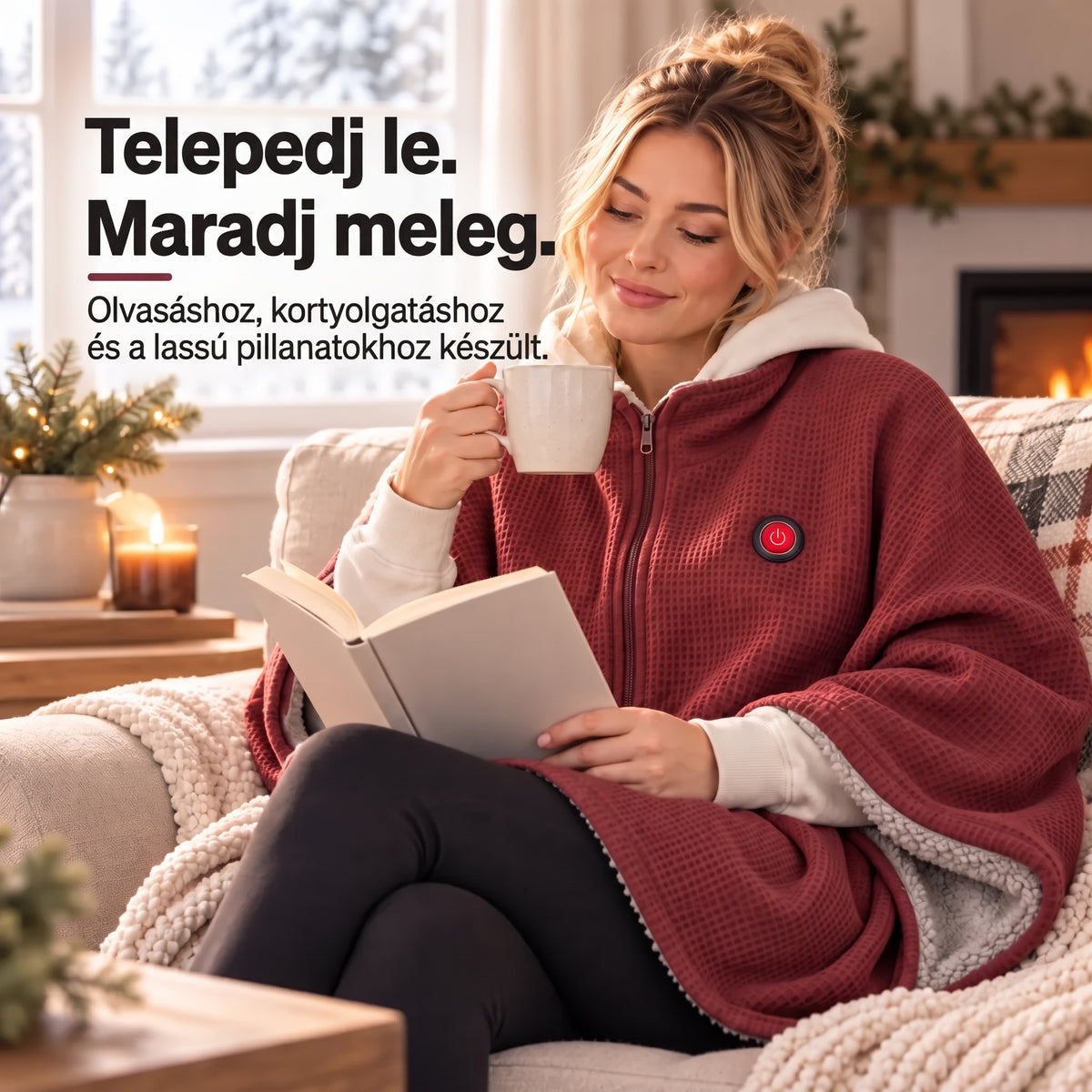 Bordó színű viselhető melegítő takaróban olvasó nő a kanapén, bögrével a kezében