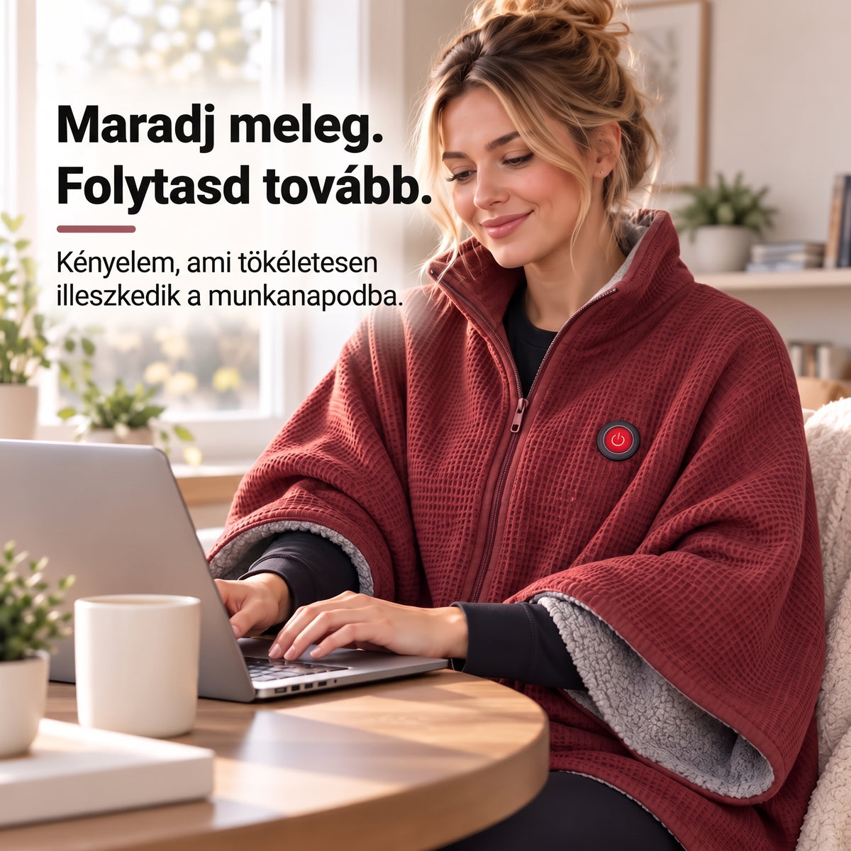 Bordó színű viselhető melegítő takaró otthoni laptopos munkavégzés közben
